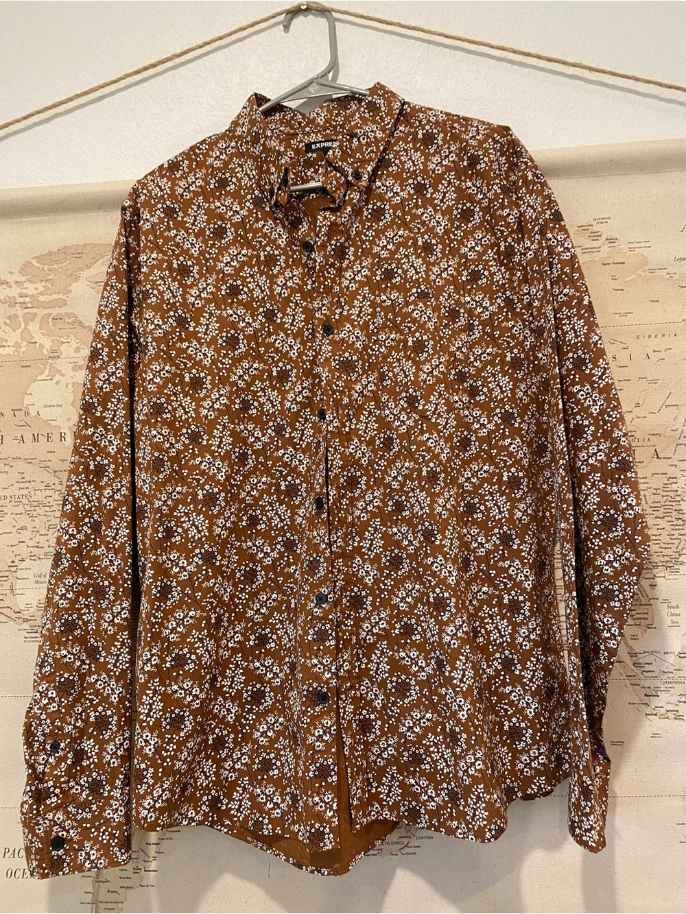 Express Brown Floral Long-Sleeve Button-Down Shirt